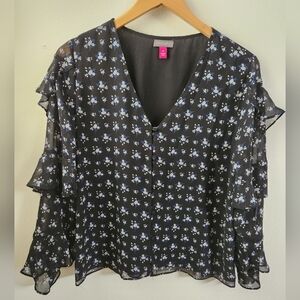 NWOT Vince Camuto Floral Tiered Sleeve Blouse Top Long Sleeve Flowy Black Medium